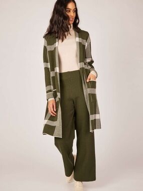 Pistache Plaid Ribbed Fine Knit Cardigan Open Front Long Forest Plaid